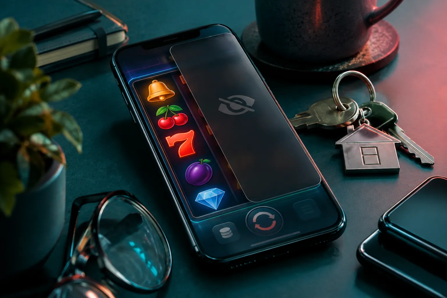Mobil slotta gizlilik ekranı ve ortak cihaz kullanımı konusunu anlatan özgün görsel